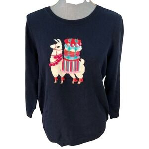Talbots Womens Large Sweater Llama Embellished Emboidered Festive PomPom Tassels